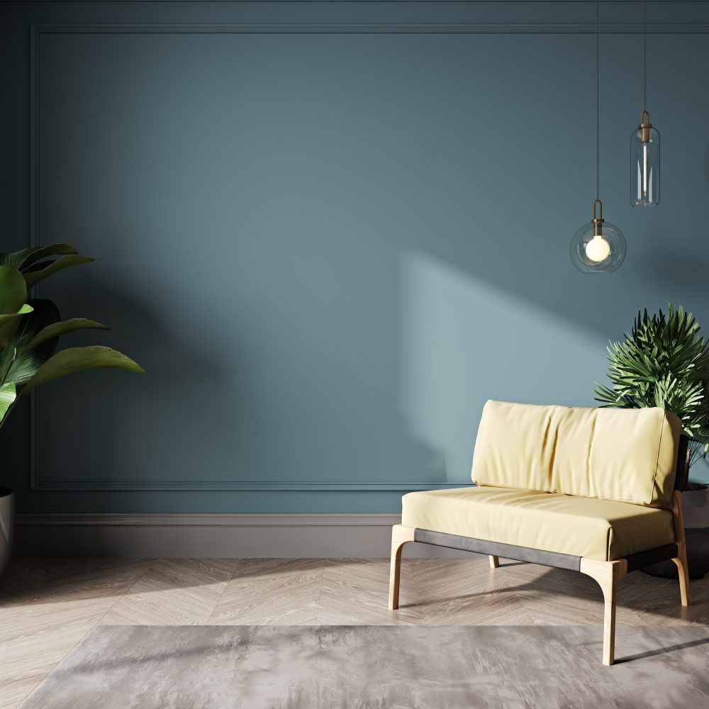 minimal style contemporary lounge with empty blue 2026