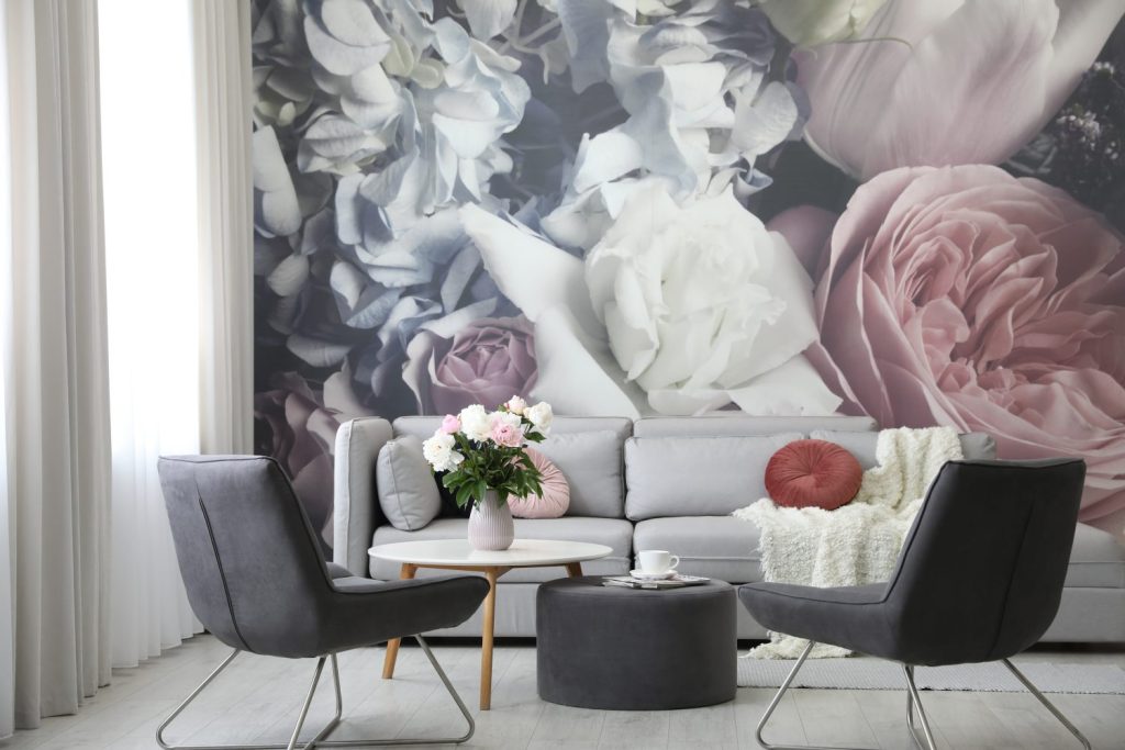 Wallpapering London: modern living room interior with comfortable sofa 2026