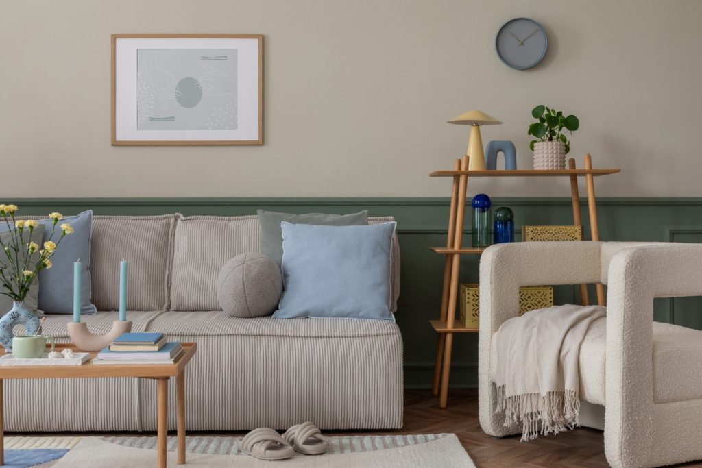 stylish composition of warm and cozy living room